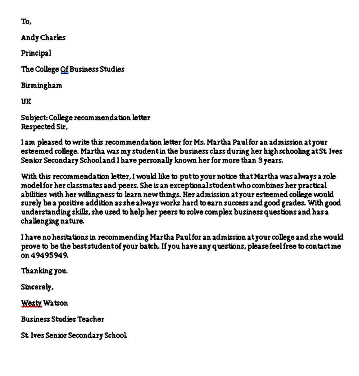 Sample College Recommendation Letter