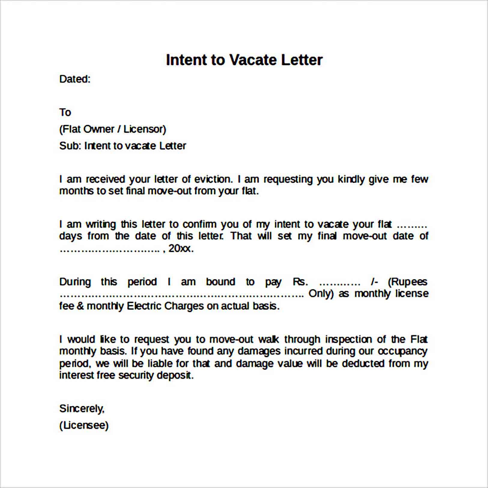 Sample Intent to Vacate Letter