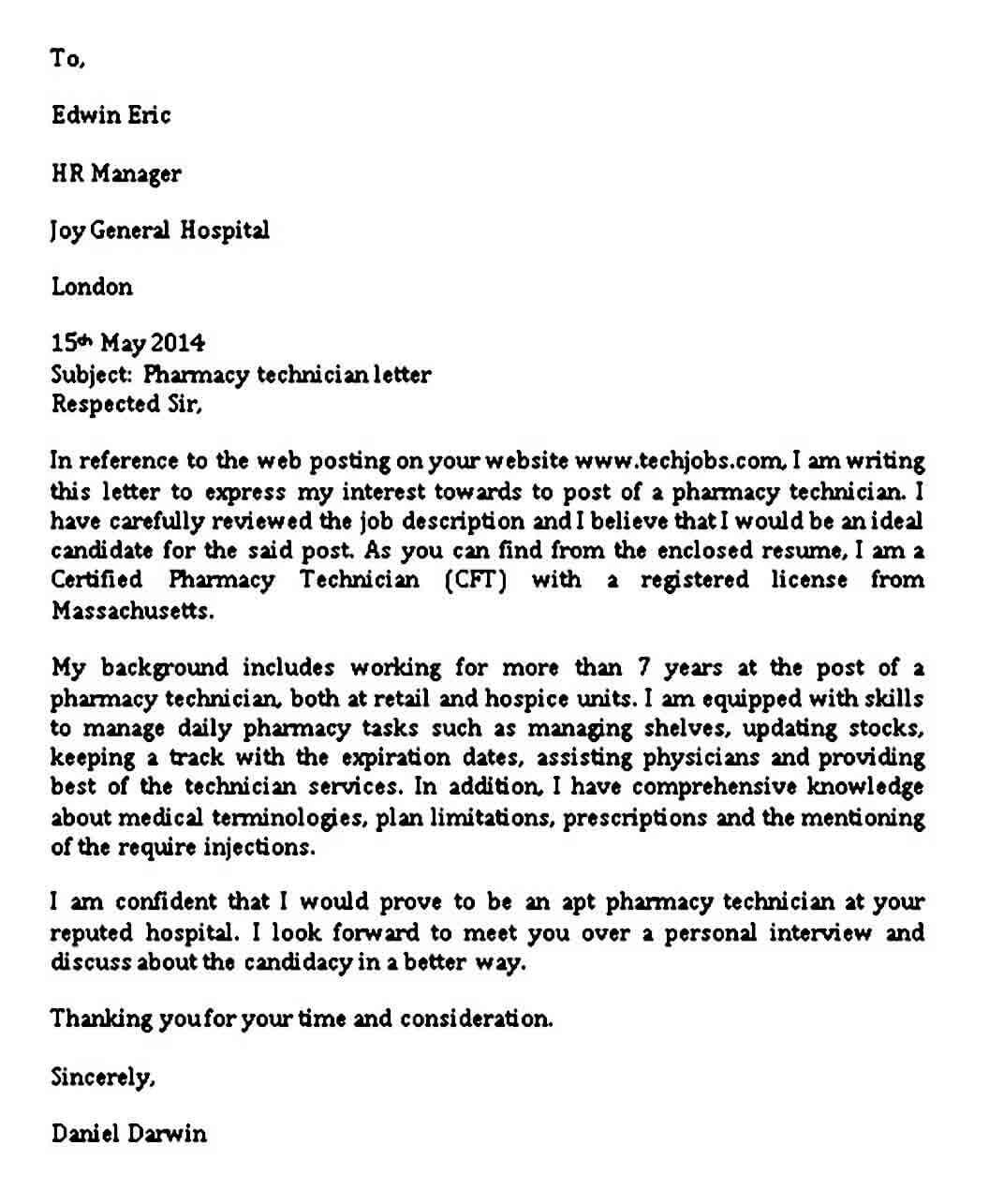 Sample Pharmacy Technician Letter