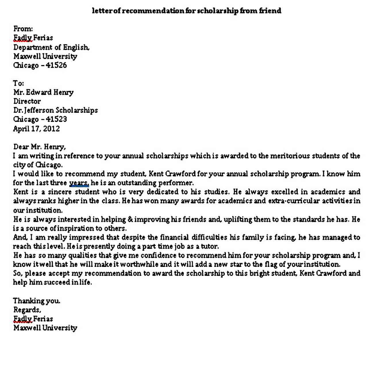 6 Scholarship Recommendation Letter Sample PDF Word Mous Syusa