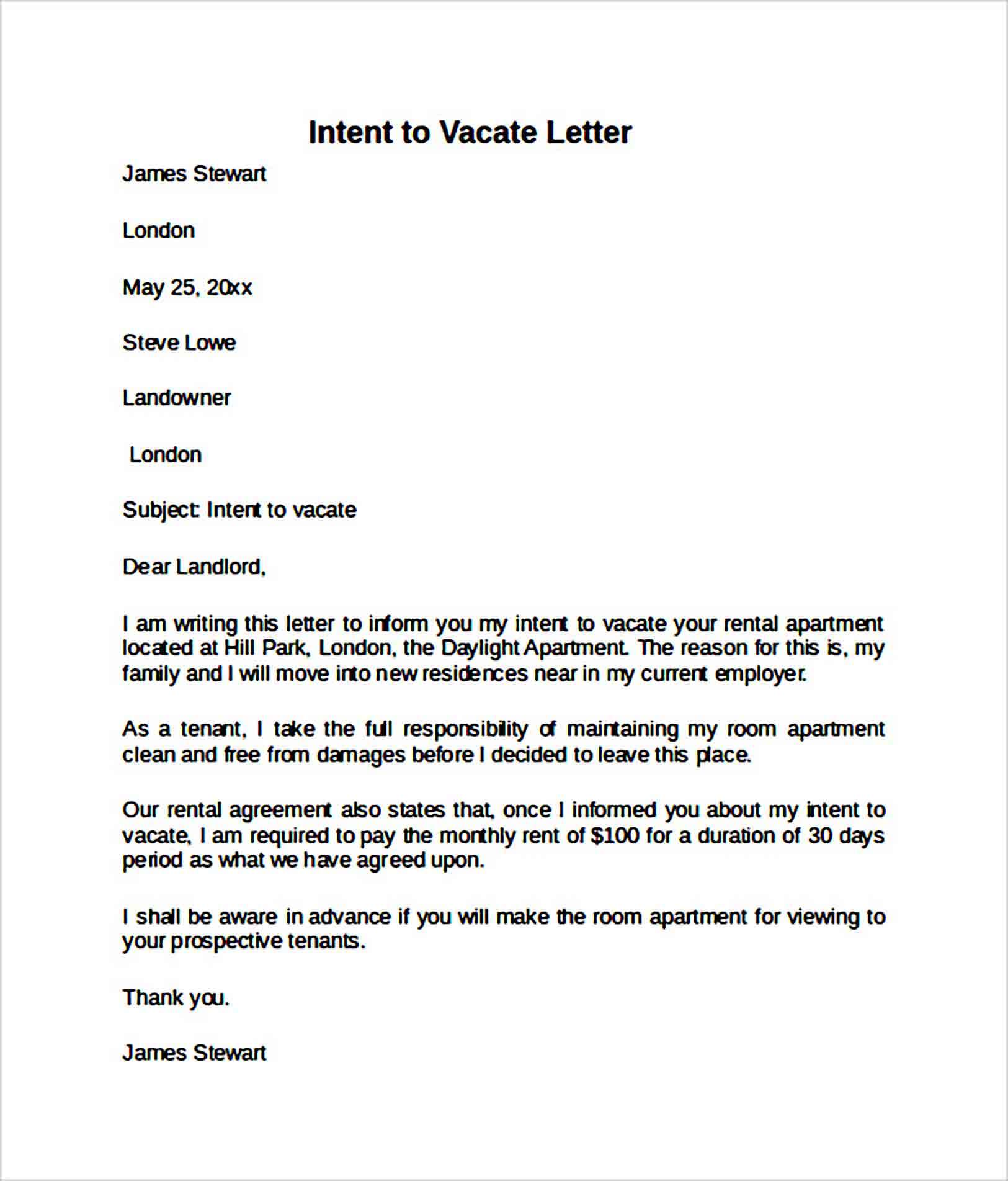 Simple Intent to Vacate Letter