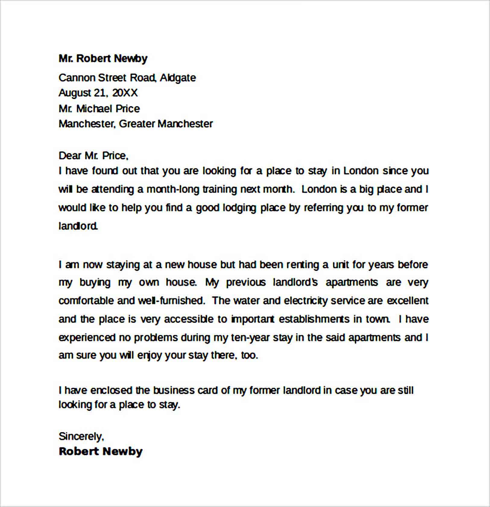 Simple Landlord Reference Letter