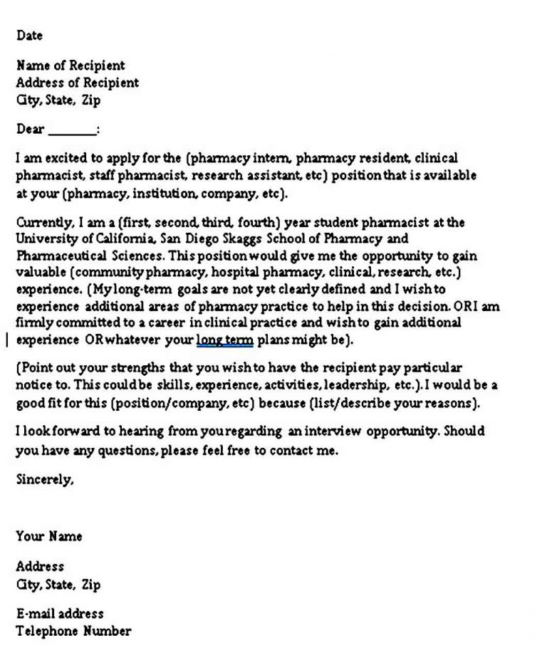 cover letter samples for pharmacy students