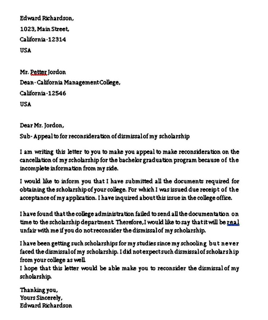 Academic Appeal Letter Example