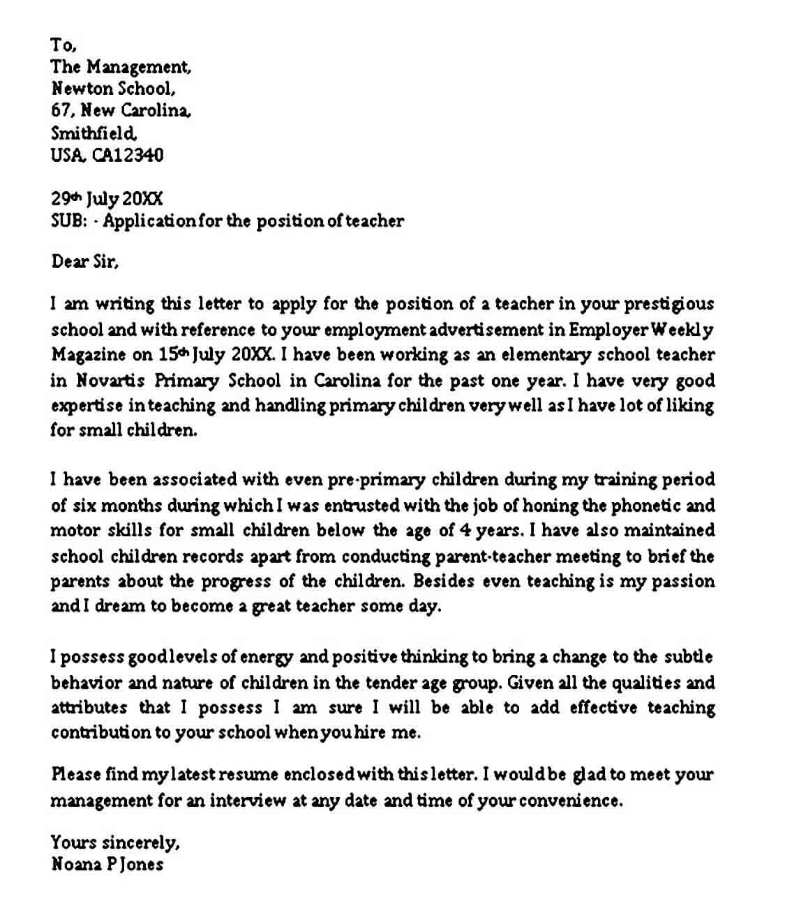 application letter for teaching position