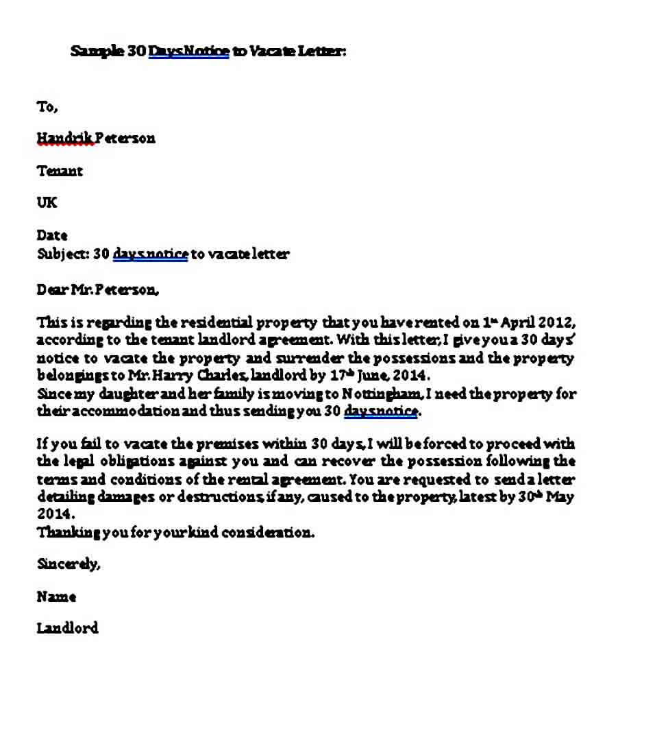 30 Day Notice To Landlord Sample Letter