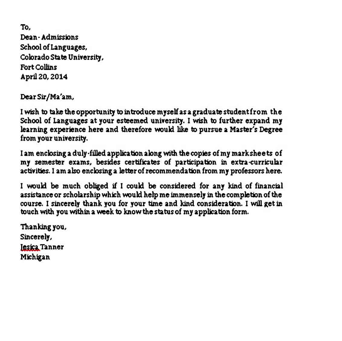 sample college application letter