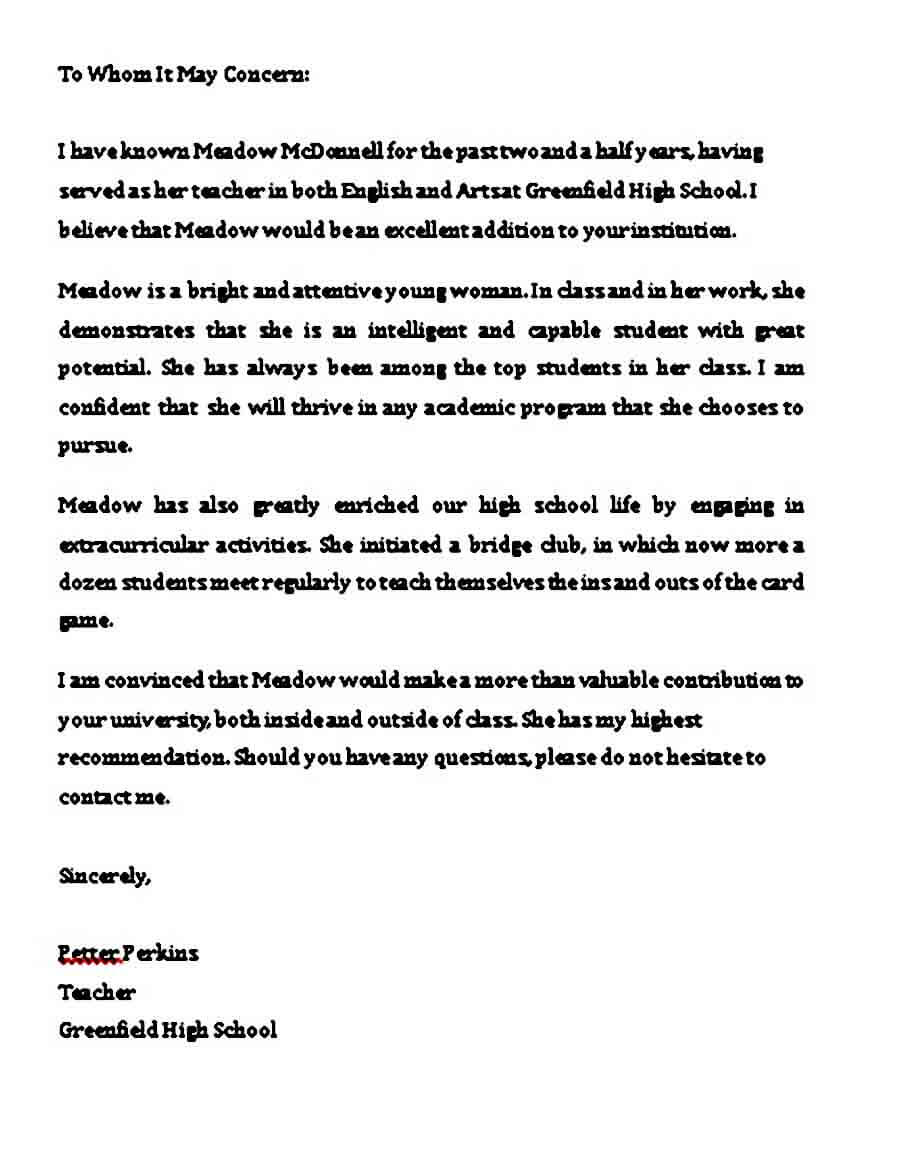 sample college recommendation letter for high school student