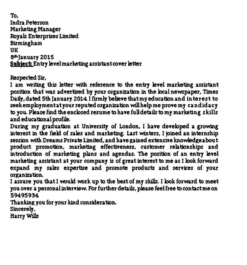 entry level marketing cover letter