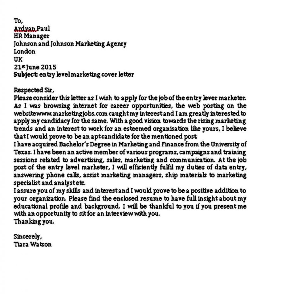simple entry level marketing cover letter