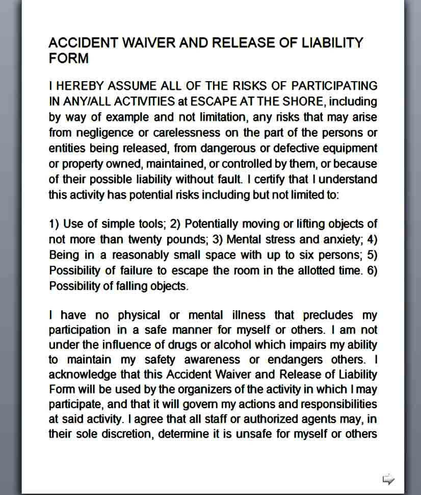 Accident Waiver and Release of Liability Form