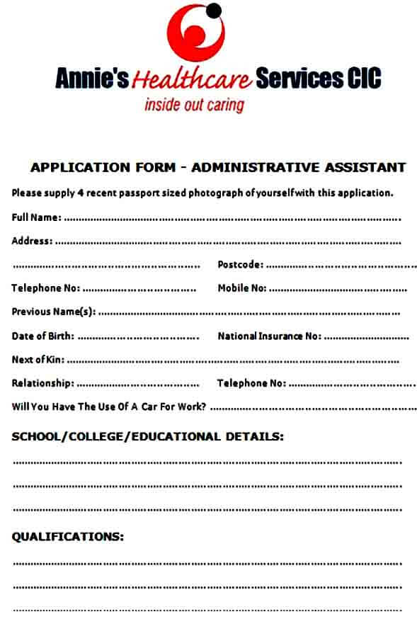 Admin Assistant Application Form
