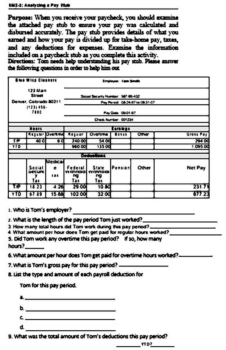 Analyzing Paystub Worksheet