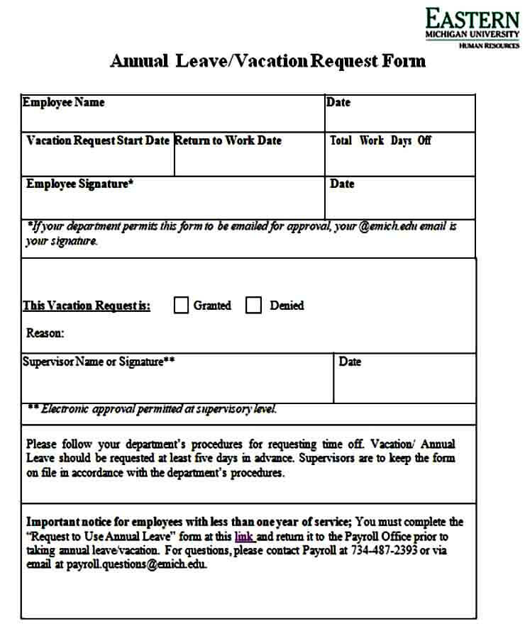 Annual Leave Vacation Request Form