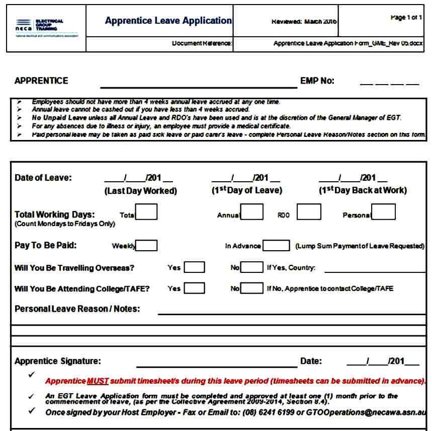 Apprentice Leave Application Form