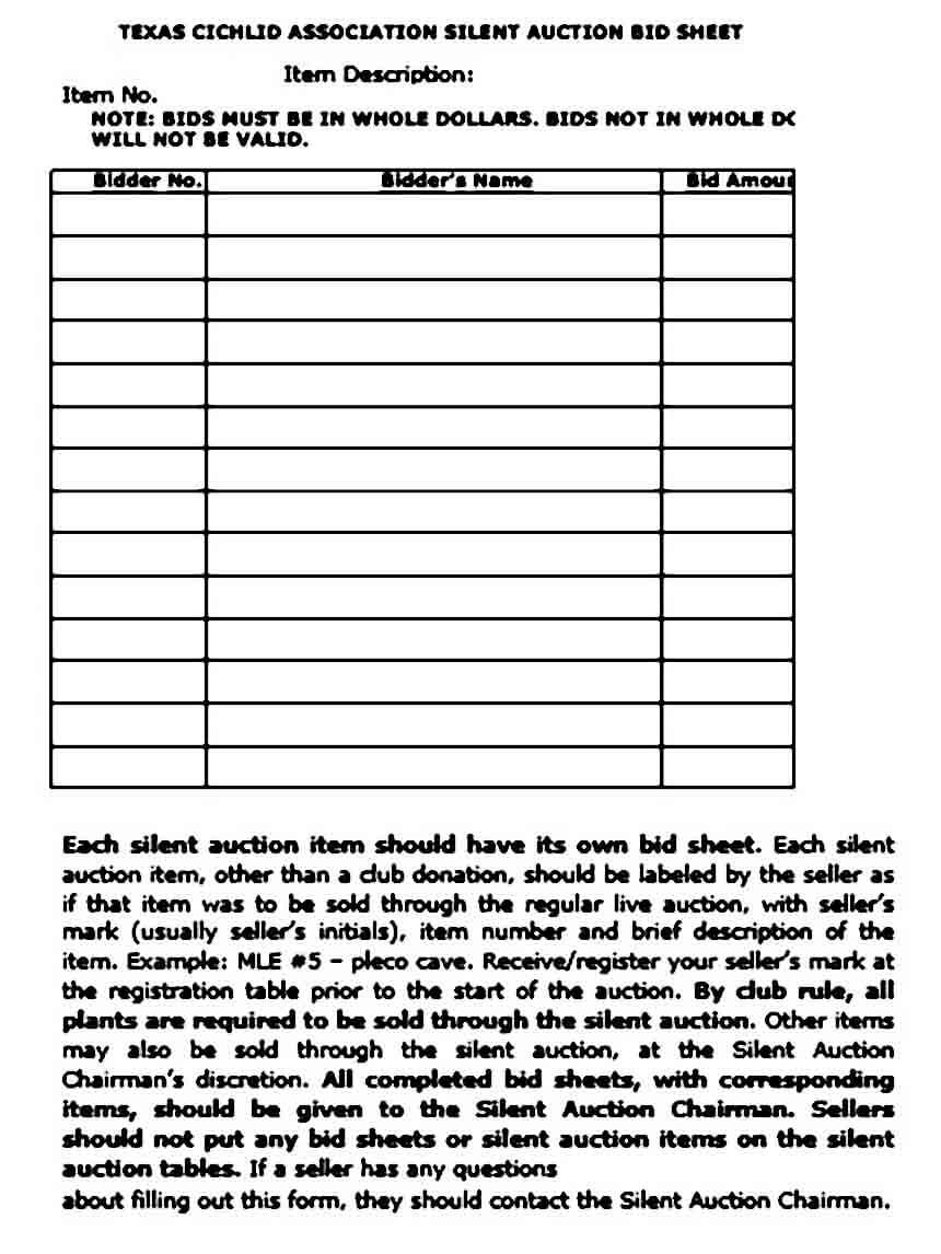 Association Silent Auction Bid Sheet