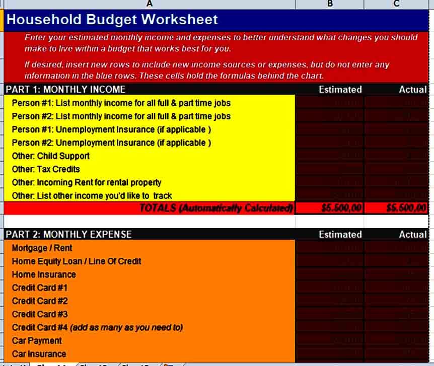 Basic Household Budget Form