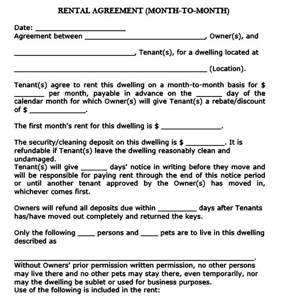 Basic Month to Month Rental Agreement