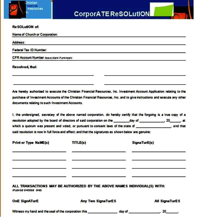 Blank Corporate Resolution Form Sample