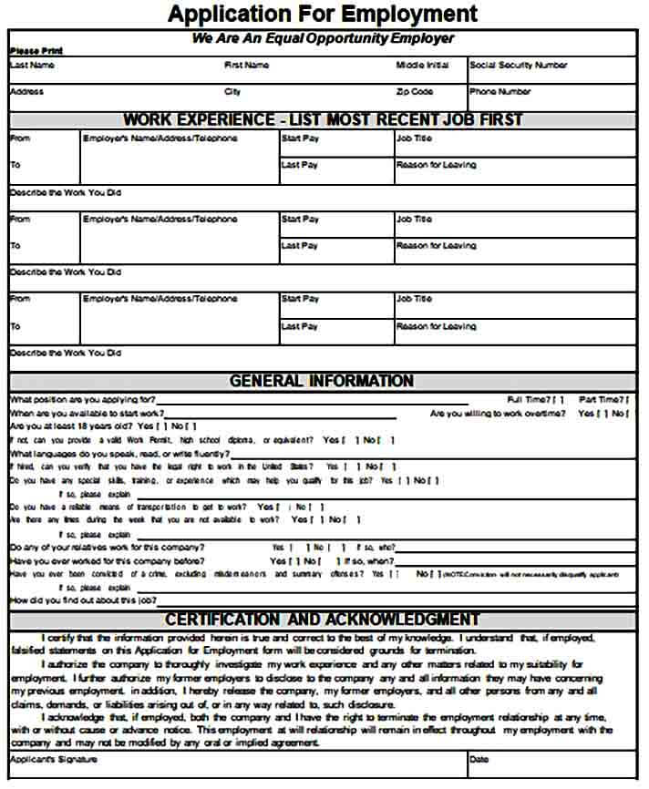 Blank Employment Application Form