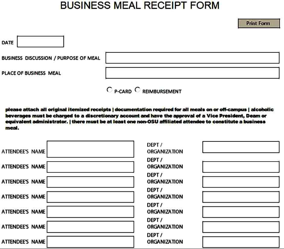 Business Meal Receipt Form