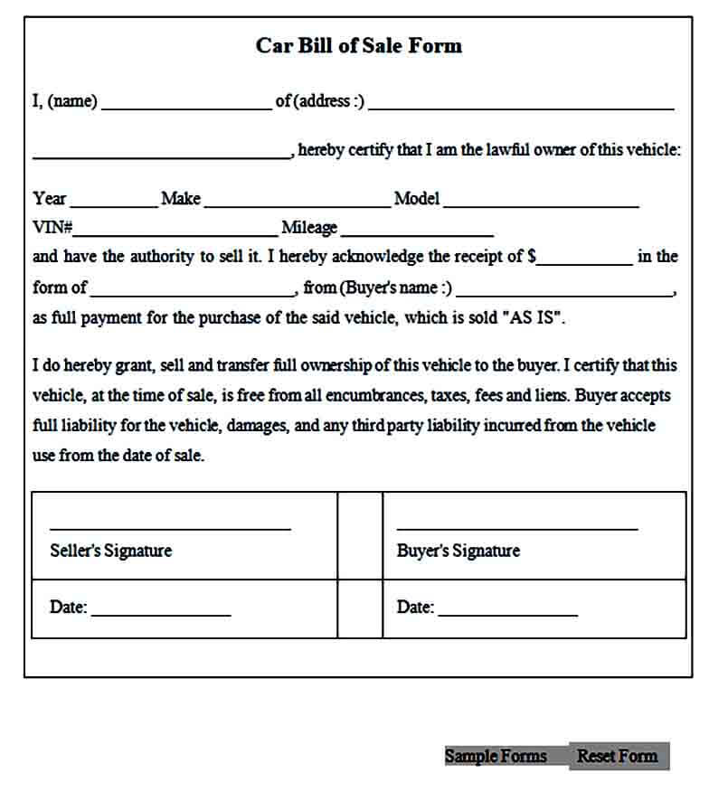 Car Bill of Sale Form
