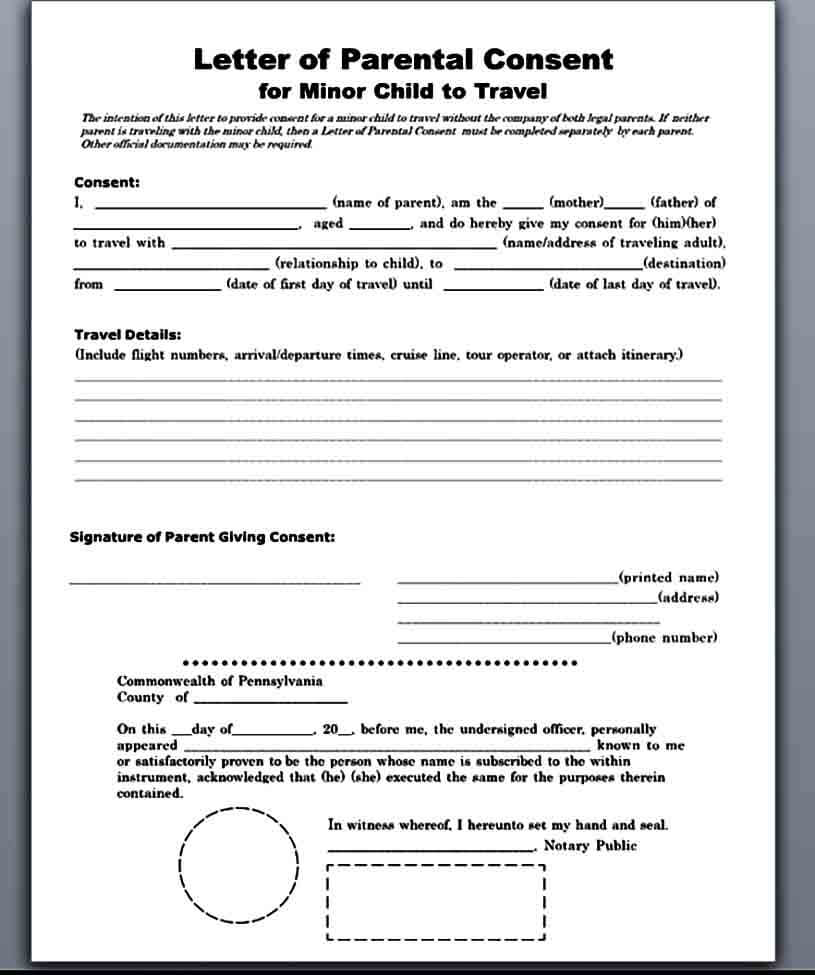 Child Travel Consent Form Sample Letter Glendale Community | Images and ...