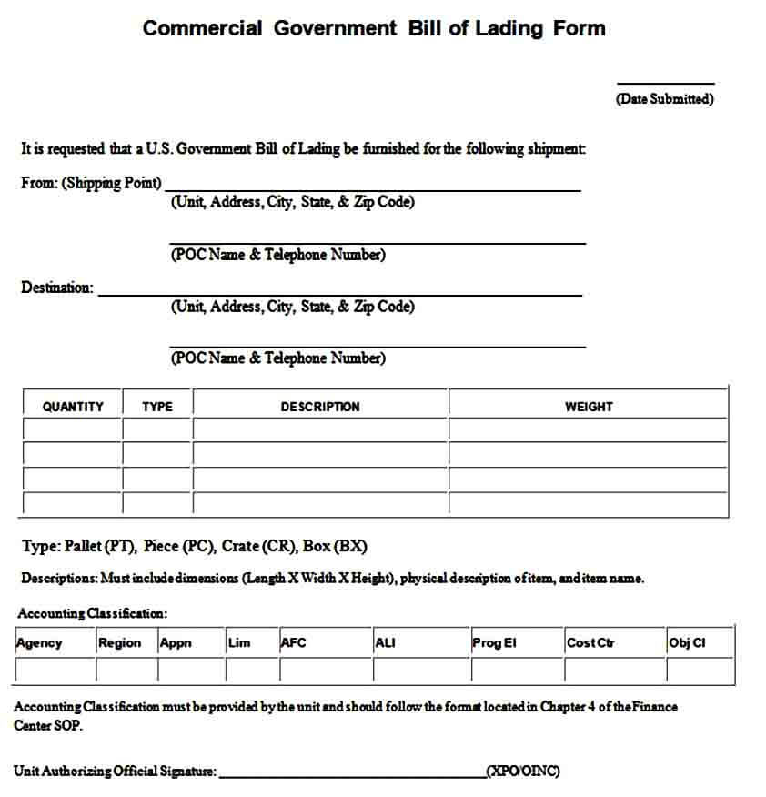 Commercial Government Bill of Lading Form