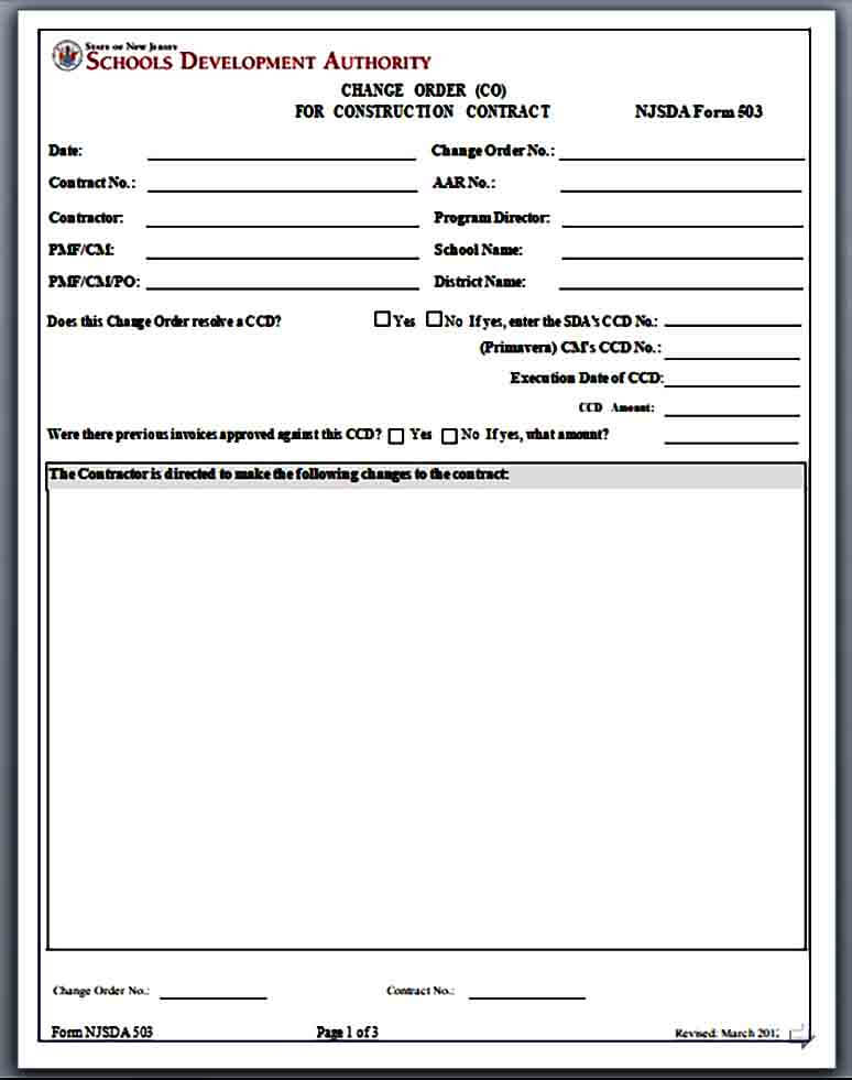 Construction Contract Change Order Form