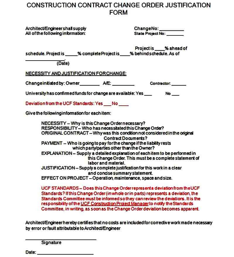 Construction Contract Change Order Justfication Form