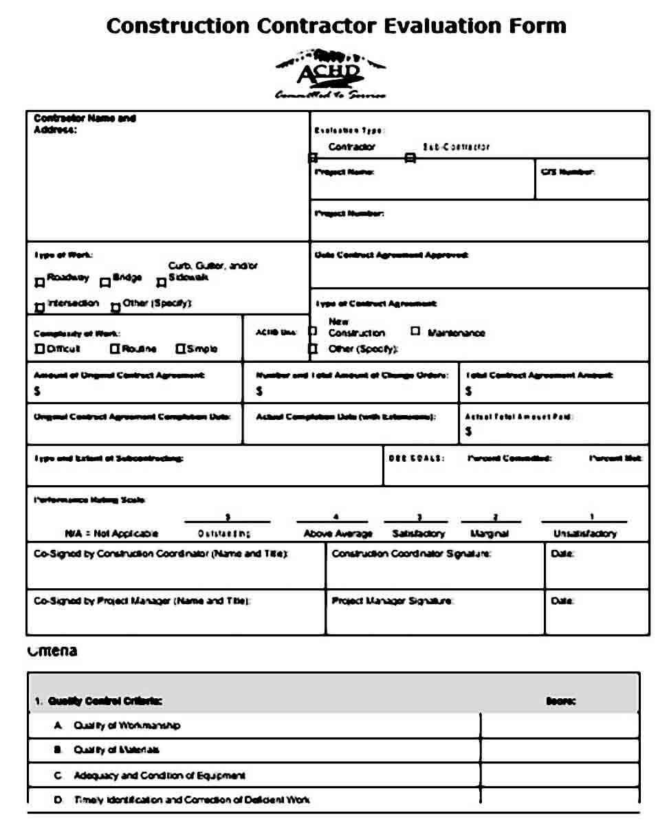 Construction Contractor Evaluation Form