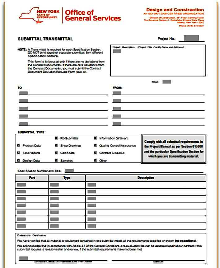 Construction Submittal Transmittal Form