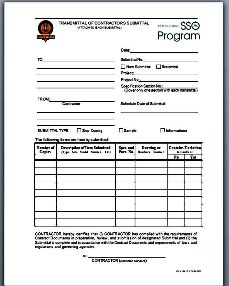 Contractor Submittal Transmittal Form