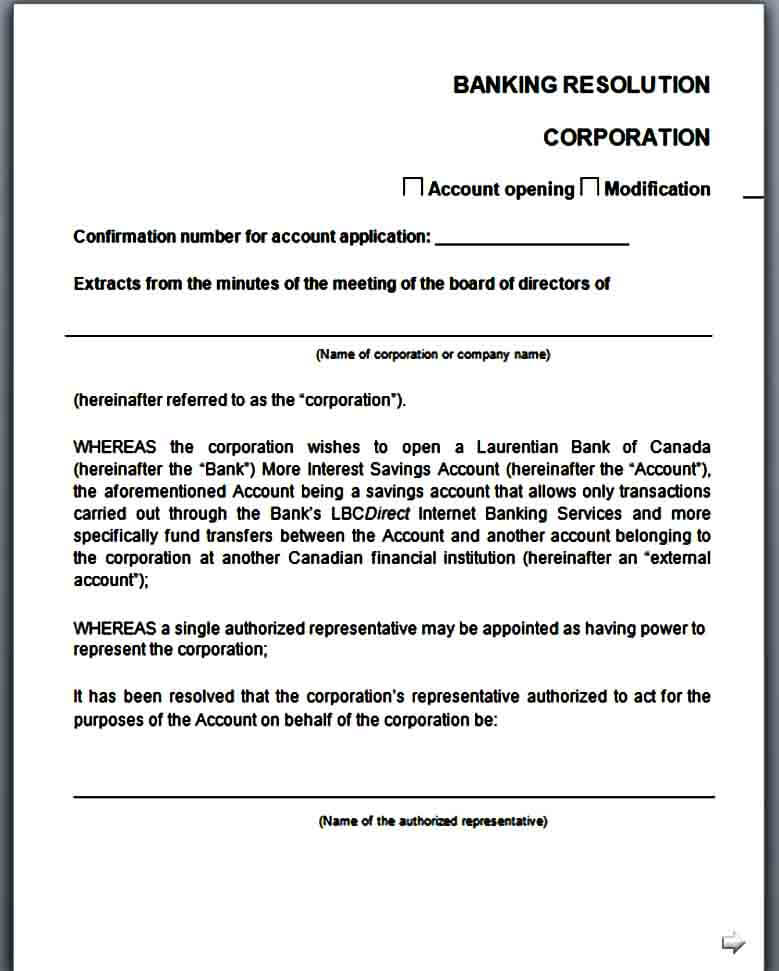 Corporate Banking Resolution Form