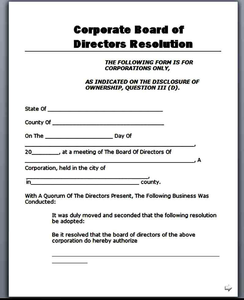 Corporate Board of Directors Resolution Form