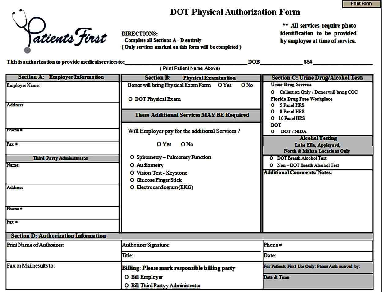 DOT Physical Authorization Form