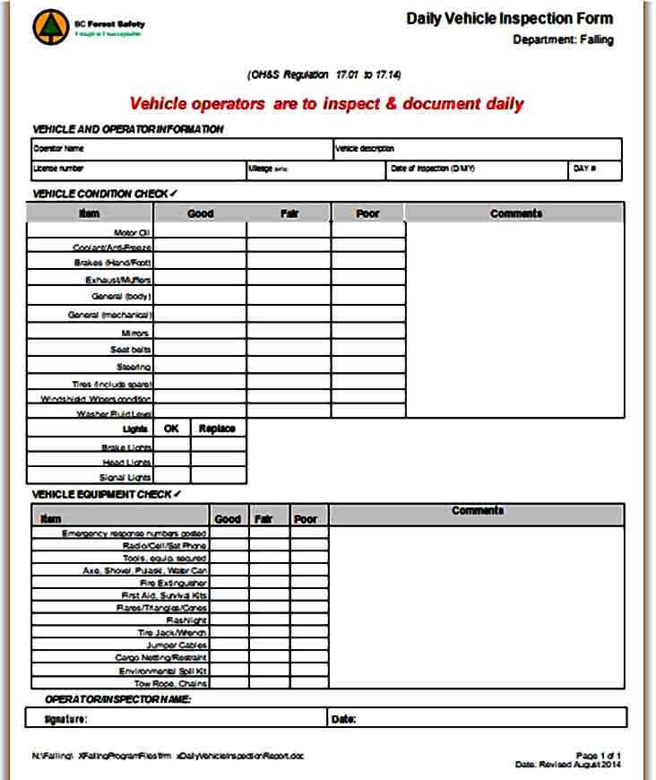 Daily Vehicle Inspection Form