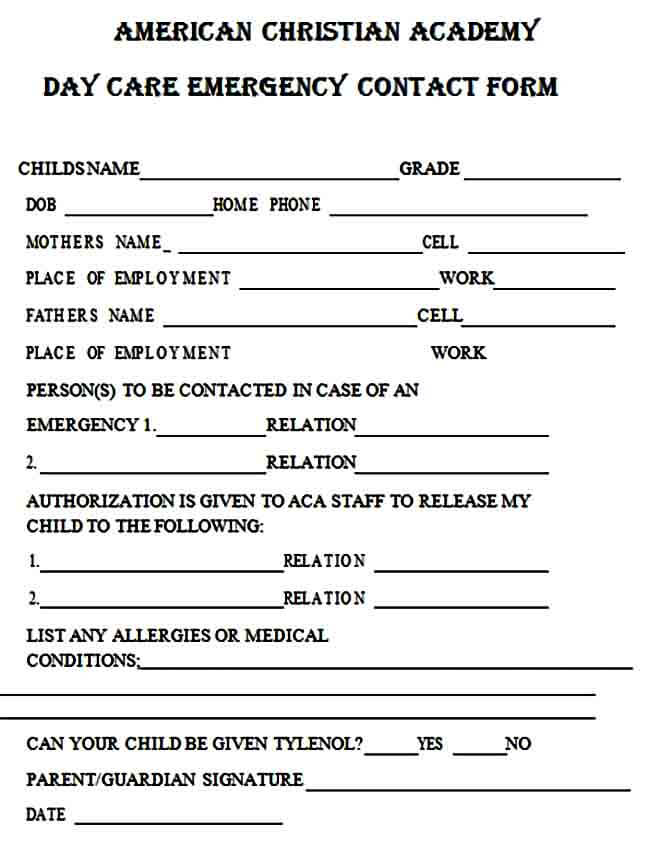 Daycare Emergency Contact Form