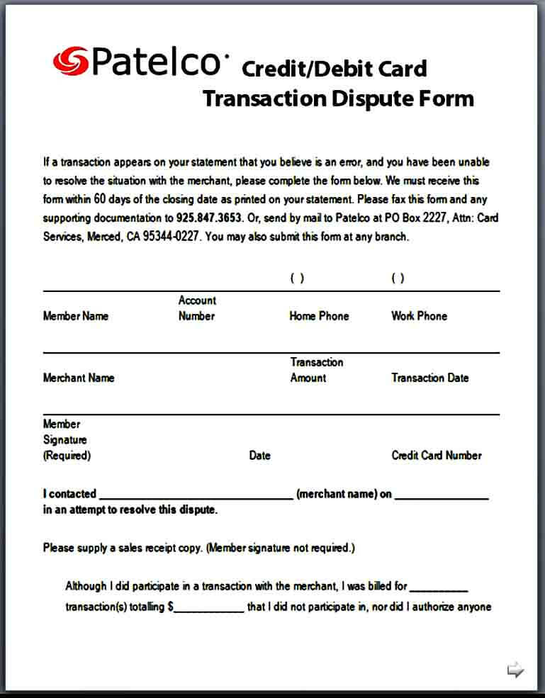 Debit Card Dispute Form in