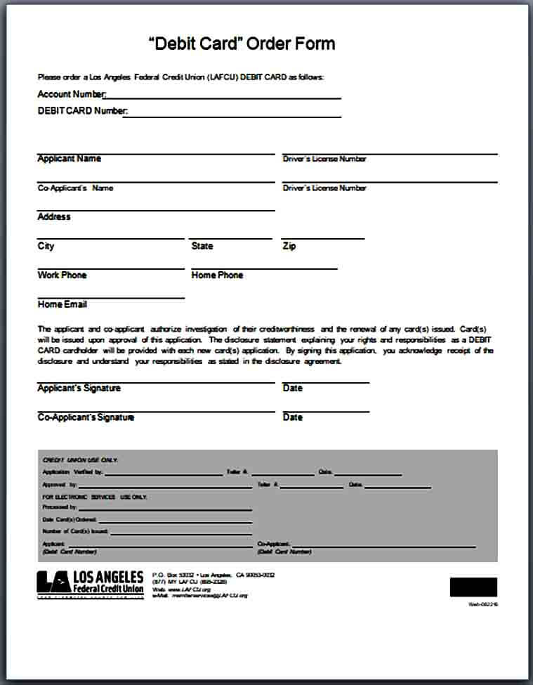 Debit Card Order Form Example