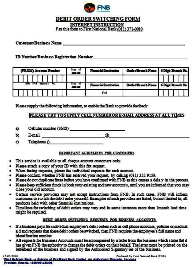 Debit Order Switching Form