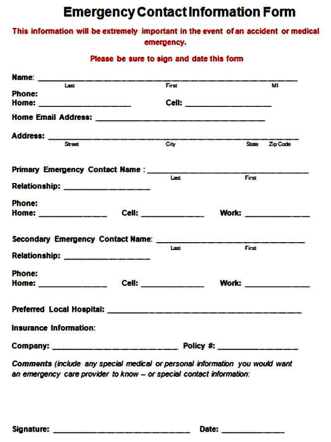 Emergency Contact Form Template Mous Syusa