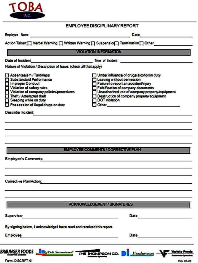 Employee Discipline Report Form
