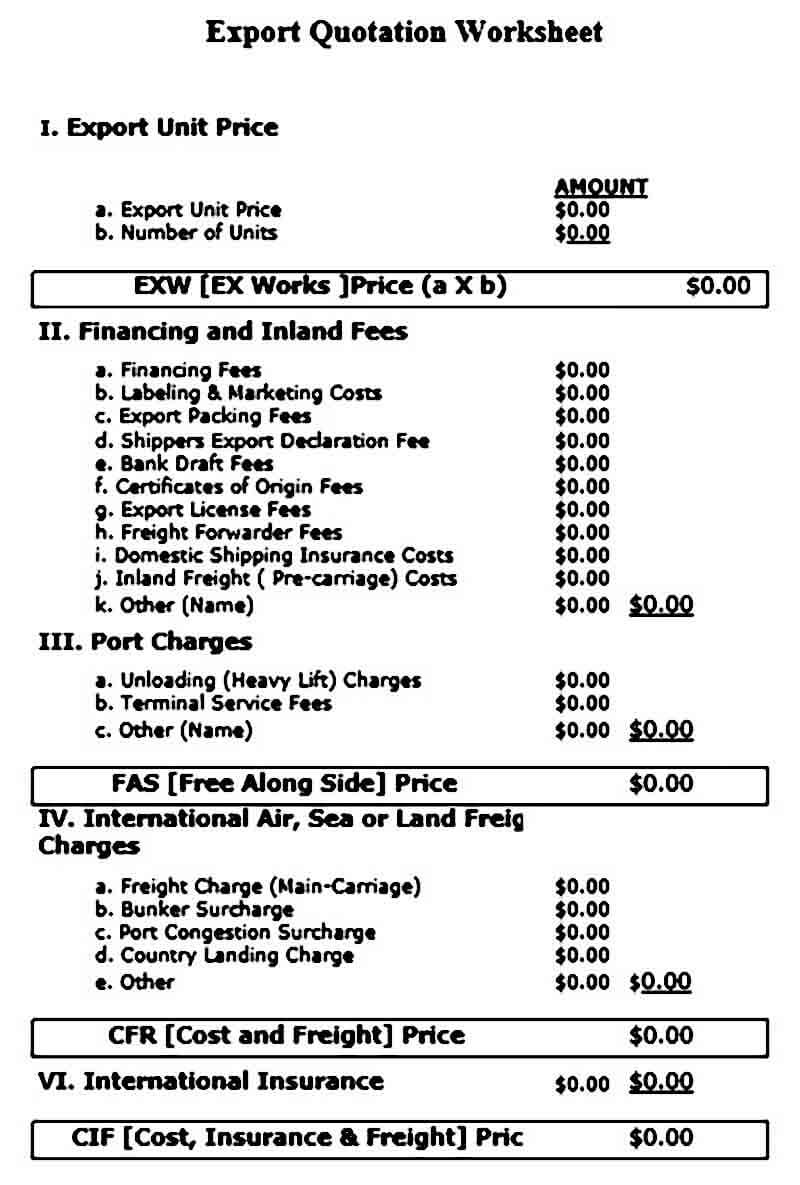 Export Quotation Worksheet Export Quotation Worksheet