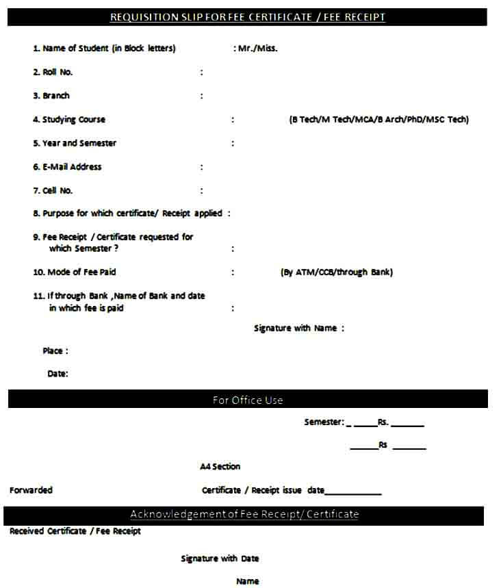 Fee Certificate Requisition Slip Form