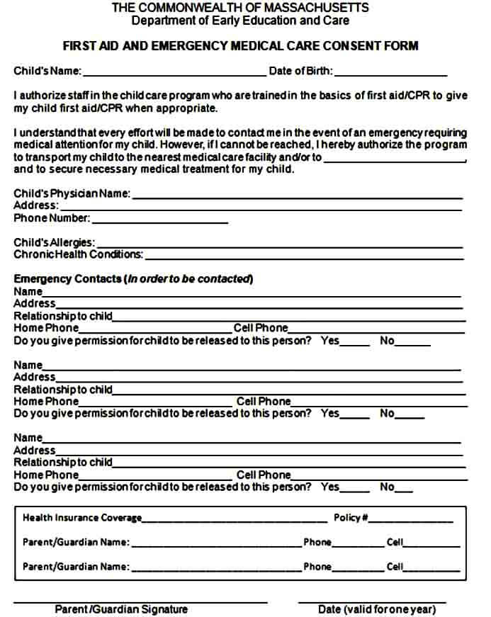 First Aid Emergency Medical Care Consent Form