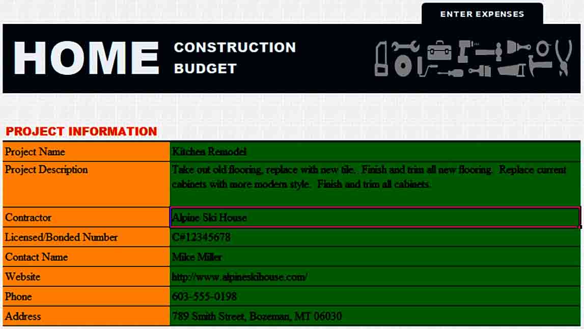 Home Construction Budget Form