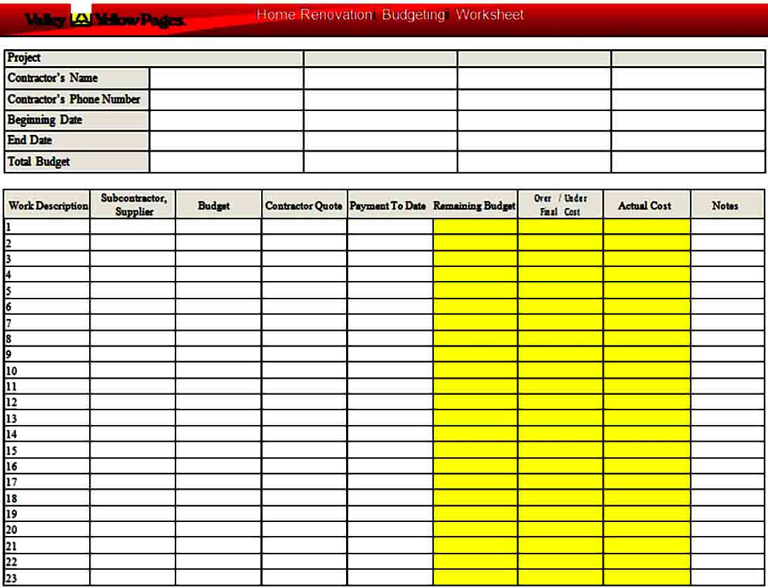 Home Renovation Budget Form