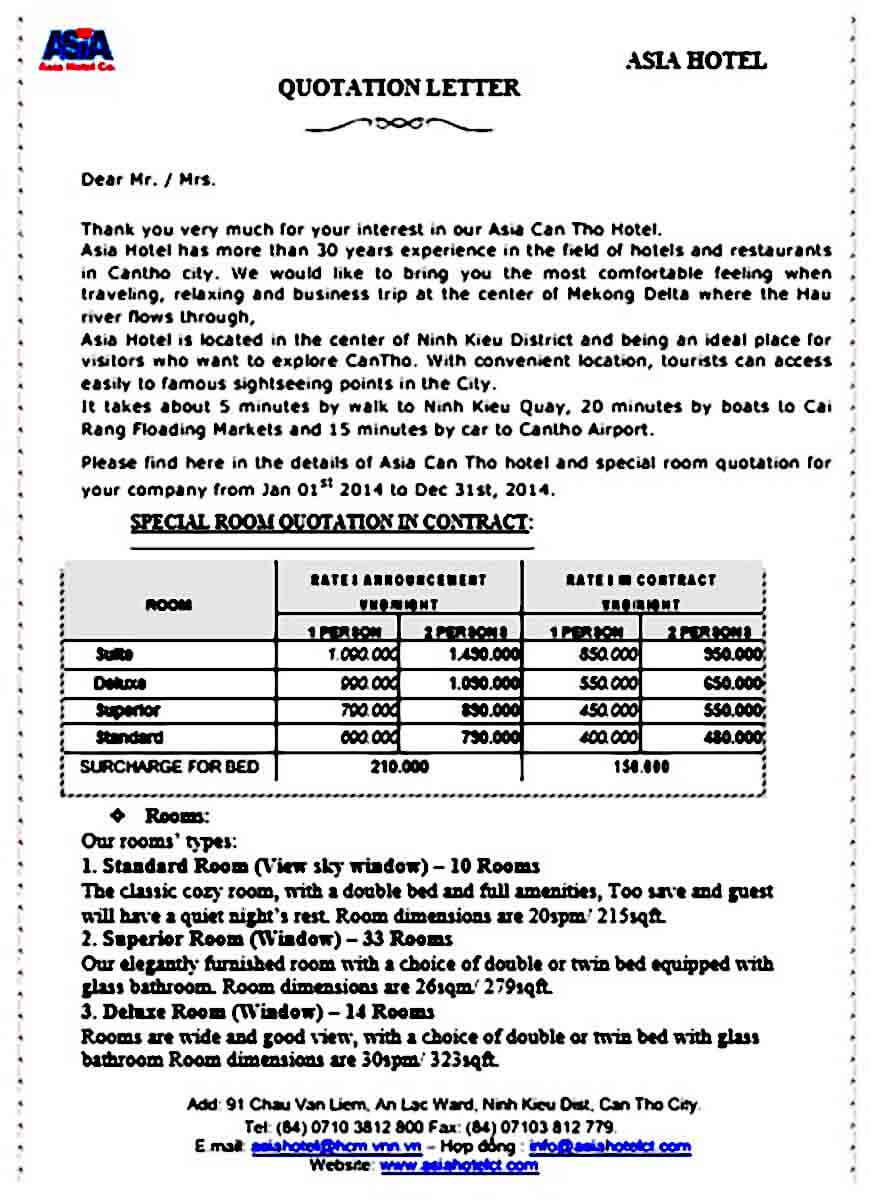 Hotel Room Quotation Letter Hotel Room Quotation Letter