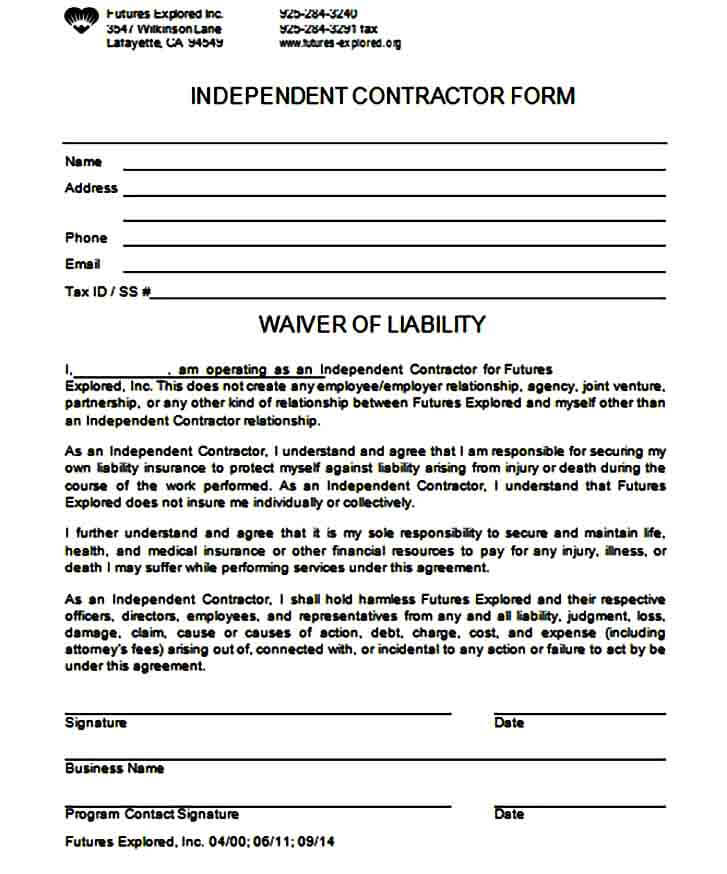 Independent Contractor Liability Waiver Form